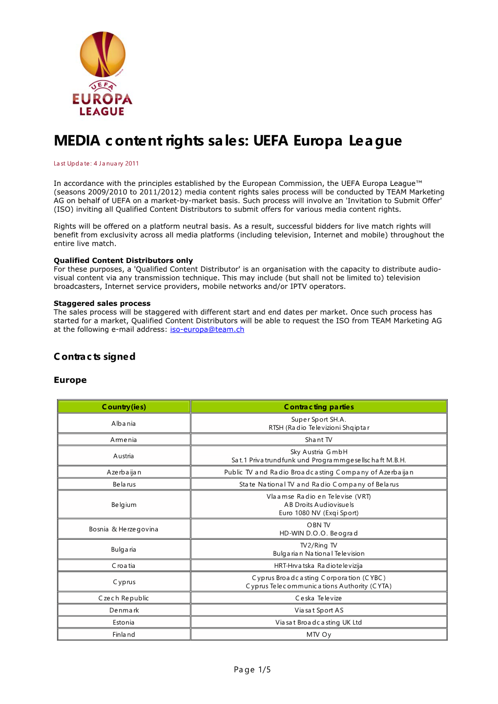 MEDIA Content Rights Sales: UEFA Europa League