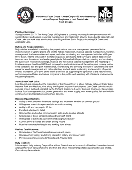 Northwest Youth Corps – Americorps 450 Hour Internship Army Corps of Engineers – Lost Creek Lake Trail, Oregon