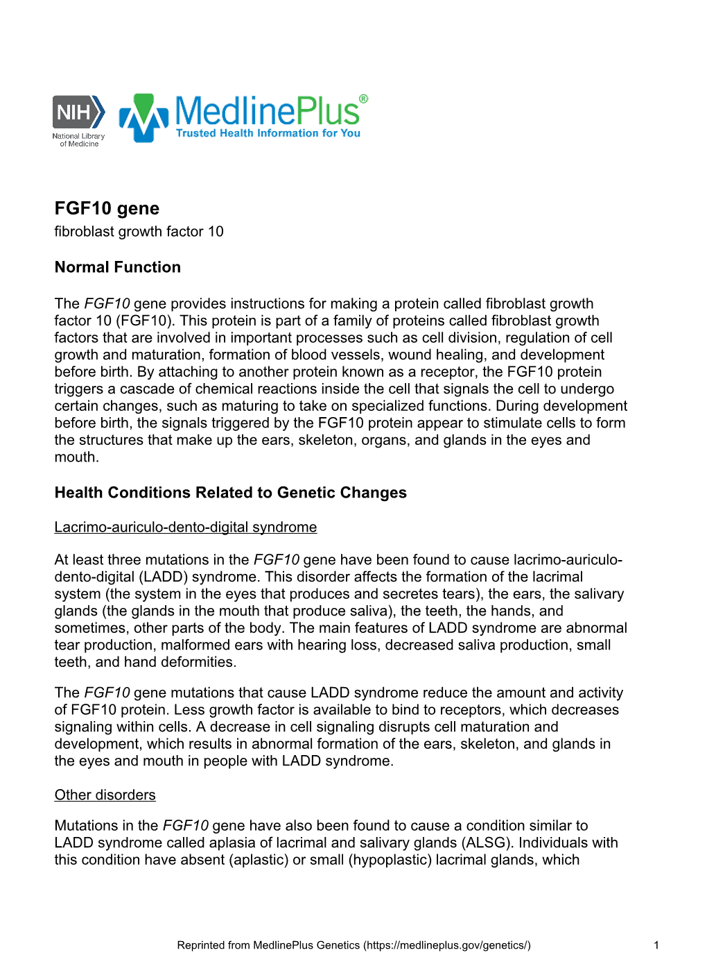 FGF10 Gene Fibroblast Growth Factor 10