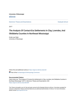 The Analysis of Contact-Era Settlements in Clay, Lowndes, and Oktibbeha Counties in Northeast Mississippi
