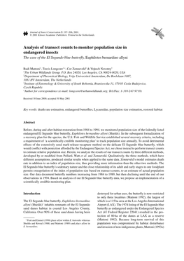 Analysis of Transect Counts to Monitor Population Size in Endangered Insects the Case of the El Segundo Blue Butterﬂy, Euphilotes Bernardino Allyni
