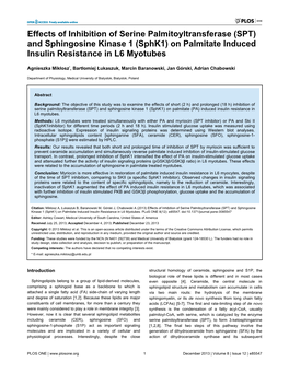 Effects of Inhibition of Serine Palmitoyltransferase (SPT) and Sphingosine Kinase 1 (Sphk1) on Palmitate Induced Insulin Resistance in L6 Myotubes