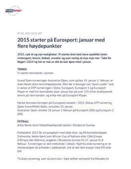 2015 Starter På Eurosport: Januar Med Flere Høydepunkter