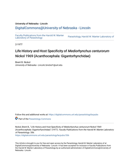 Life History and Host Specificity of Mediorhynchus Centurorum Nickol 1969 (Acanthocephala: Gigantorhynchidae)