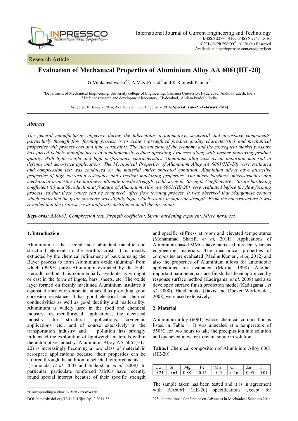 Evaluation of Mechanical Properties of Aluminium Alloy AA 6061(HE-20)