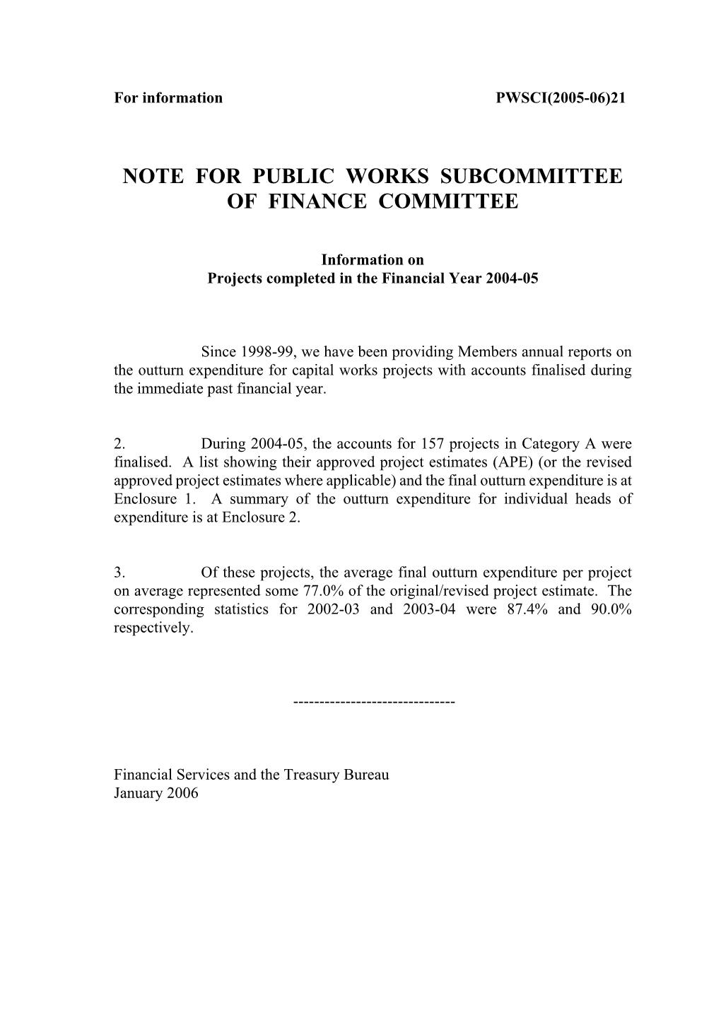 Note for Public Works Subcommittee of Finance Committee