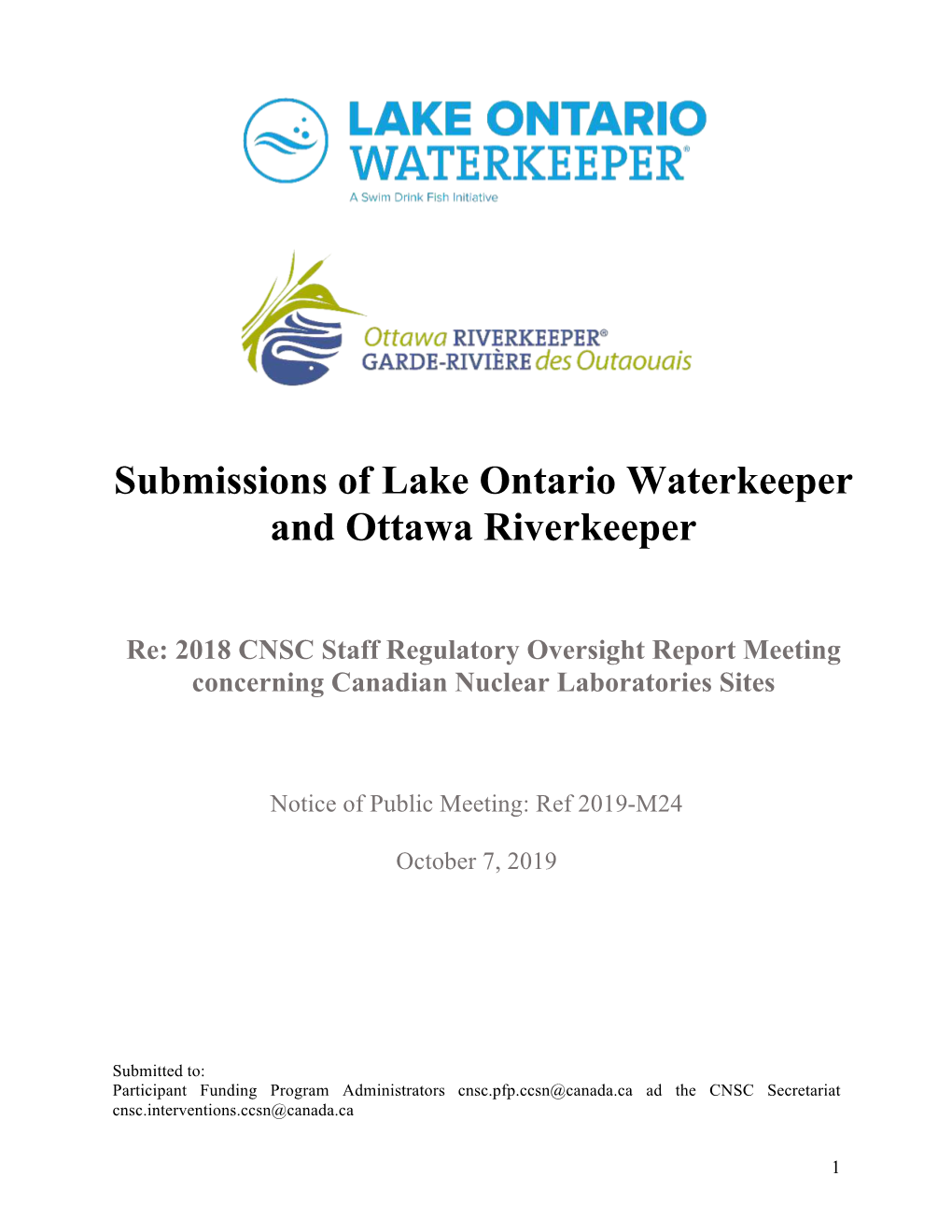 Submissions of Lake Ontario Waterkeeper and Ottawa Riverkeeper