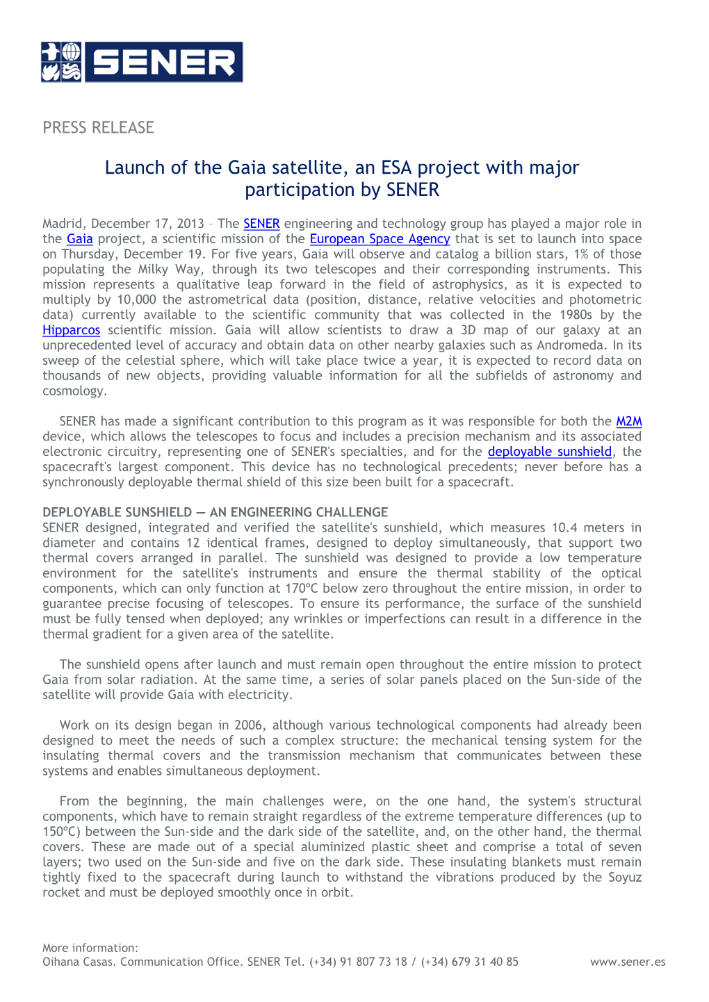 Launch of the Gaia Satellite, an ESA Project with Major Participation by SENER