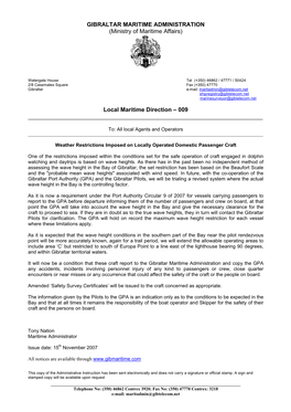 LMD-009 Weather Restrictions Imposed on Locally Operated Domestic Passenger Craft