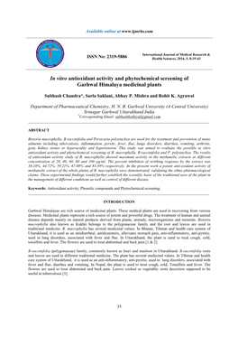 In Vitro Antioxidant Activity and Phytochemical Screening of Garhwal Himalaya Medicinal Plants