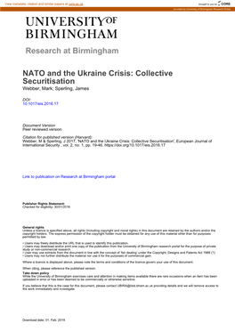 NATO and the Ukraine Crisis: Collective Securitisation Webber, Mark; Sperling, James