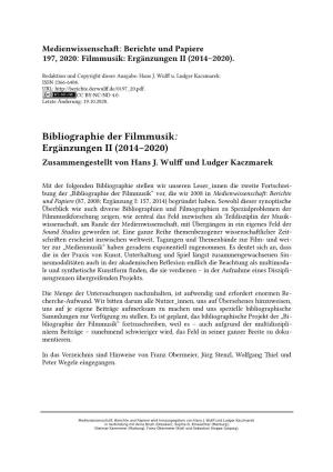 Bibliographie Der Filmmusik: Ergänzungen II (2014–2020) Zusammengestellt Von Hans J