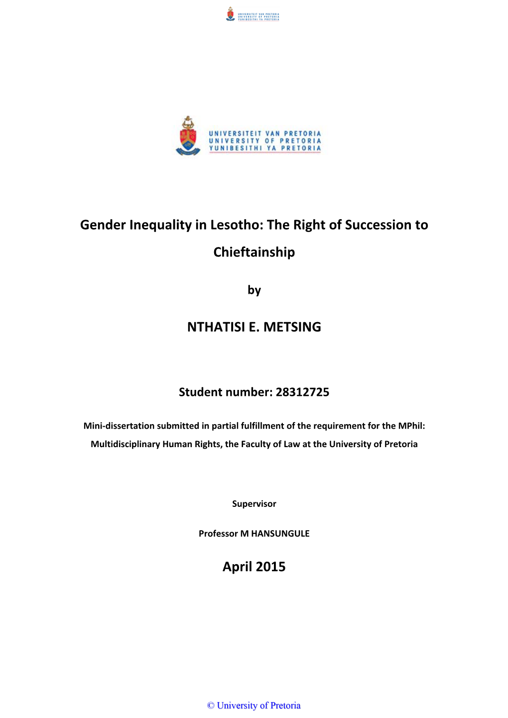 Gender Inequality in Lesotho: the Right of Succession to Chieftainship