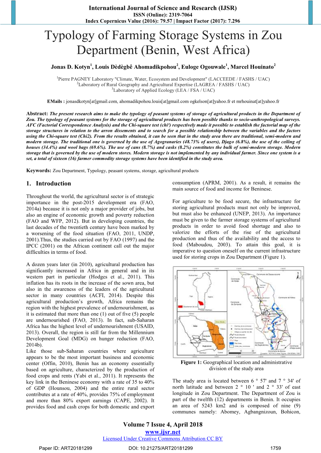 Typology of Farming Storage Systems in Zou Department (Benin, West Africa)