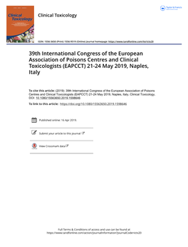 39Th International Congress of the European Association of Poisons Centres and Clinical Toxicologists (EAPCCT) 21-24 May 2019, Naples, Italy