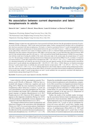 No Association Between Current Depression and Latent Toxoplasmosis in Adults