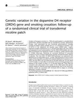 Genetic Variation in the Dopamine D4 Receptor (DRD4) Gene and Smoking Cessation: Follow-Up of a Randomised Clinical Trial of Transdermal Nicotine Patch