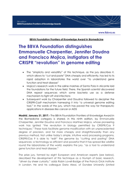 The BBVA Foundation Distinguishes Emmanuelle Charpentier, Jennifer Doudna and Francisco Mojica, Instigators of the CRISPR “Revolution” in Genome Editing