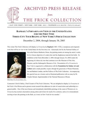 Archived Press Release the Frick Collection