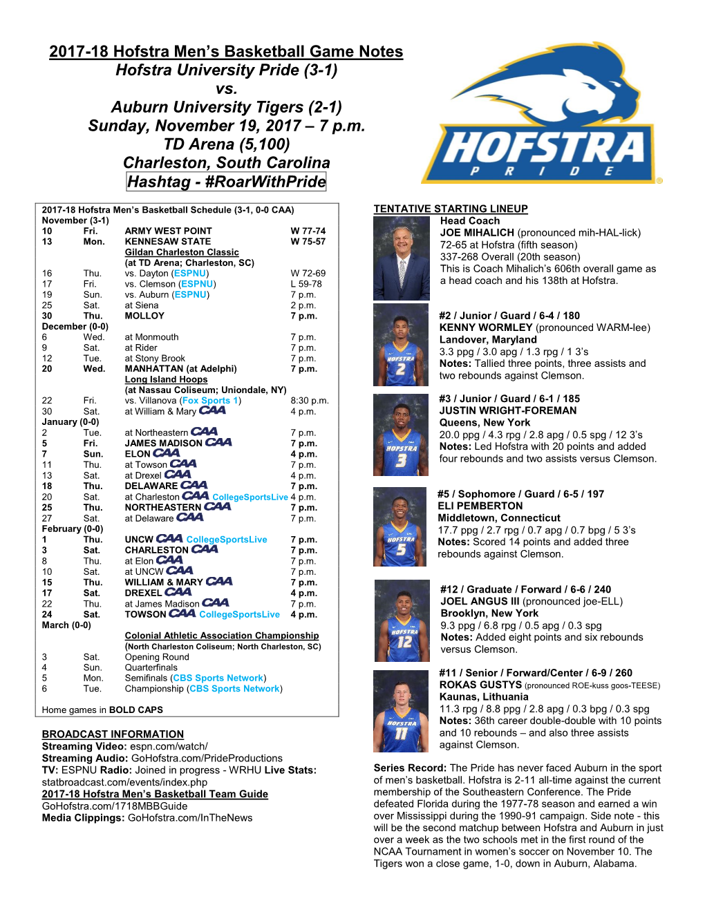 2017-18 Hofstra Men's Basketball Game Notes Hofstra University Pride