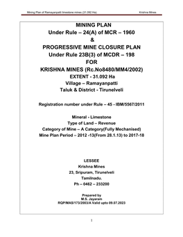 Mining Plan of Ramayanpatti Limestone Mines (31.092 Ha) Krishna Mines
