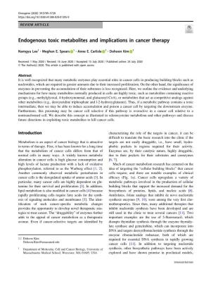 Endogenous Toxic Metabolites and Implications in Cancer Therapy