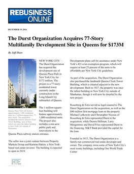 The Durst Organization Acquires 77-Story Multifamily Development Site in Queens for $173M