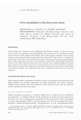 DNA Metabolism in Mycobacterium Leprae