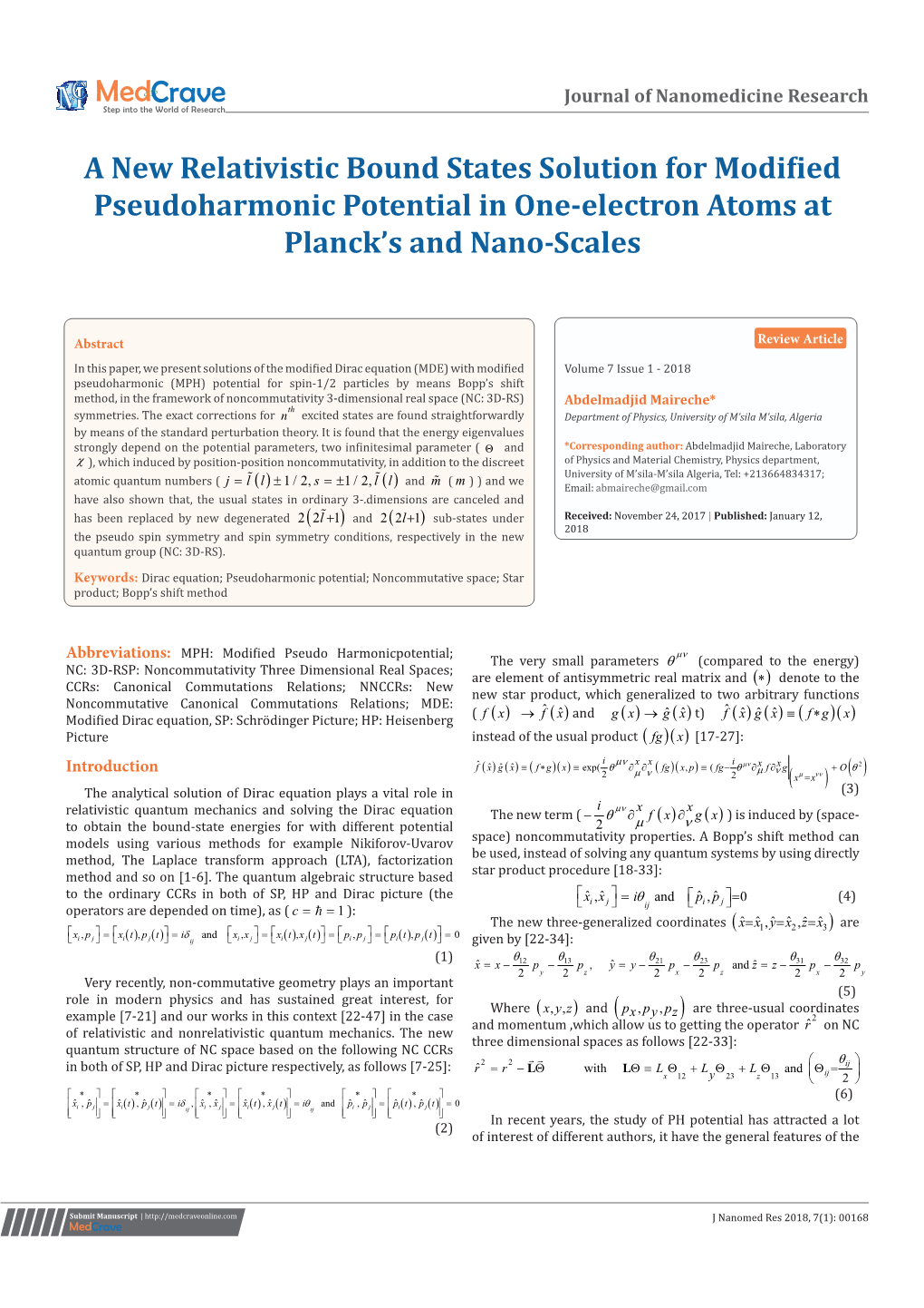 A New Relativistic Bound States Solution for Modified Pseudoharmonic Potential in One-Electron Atoms at Planck’S and Nano-Scales