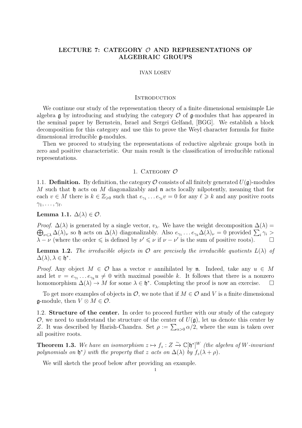 Lecture 7: Category O and Representations of Algebraic Groups