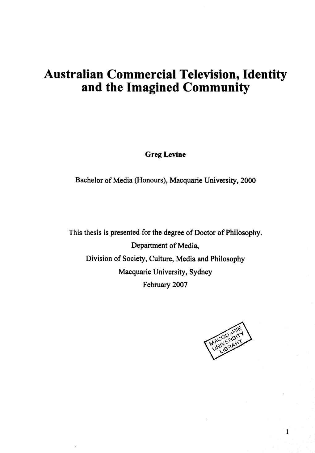 Australian Commercial Television, Identity and the Imagined Community