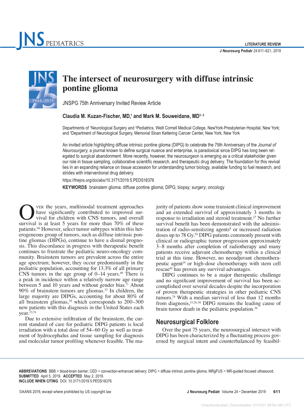 The Oscillating Intersect of Neurosurgery with Diffuse Intrinsic Pontine Glioma. JNSPG 75Th Anniversary Invited Review Article