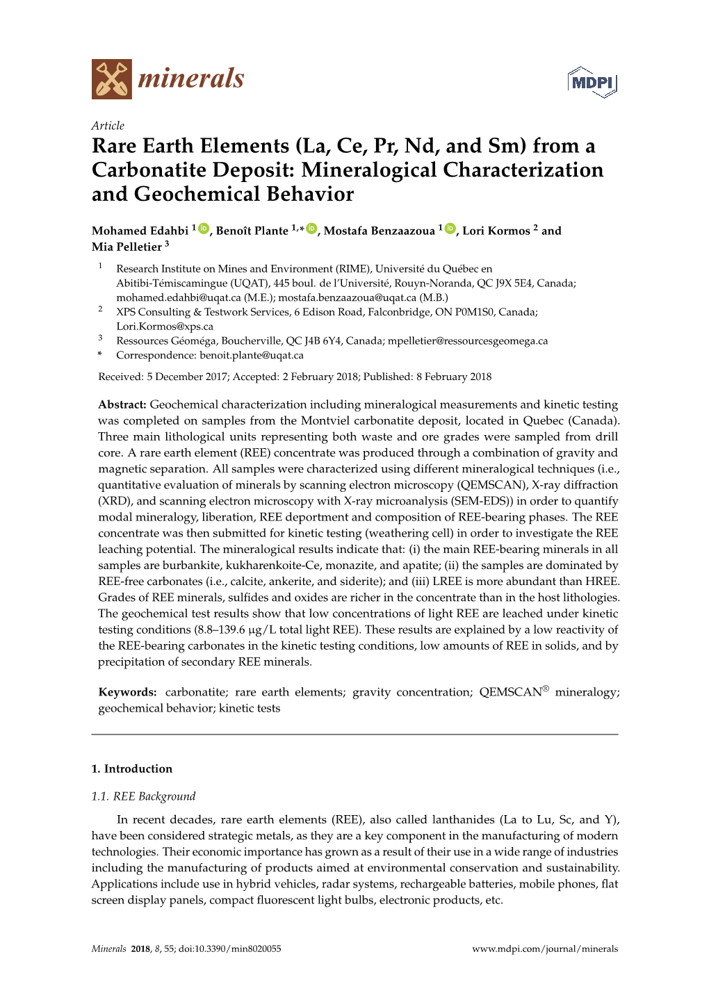 Rare Earth Elements (La, Ce, Pr, Nd, and Sm) from a Carbonatite Deposit: Mineralogical Characterization and Geochemical Behavior