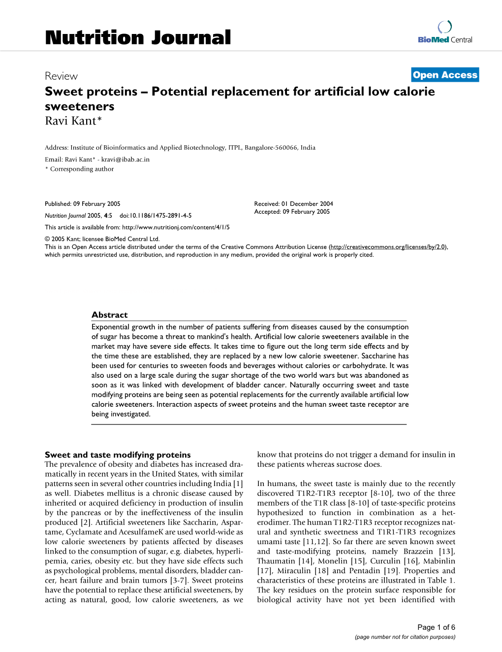 Sweet Proteins–Potential Replacement for Artificial Low Calorie Sweeteners