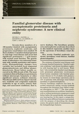 Familial Glomerular Disease with Asymptomatic Proteinuria and Nephrotic Syndrome: a New Clinical Entity