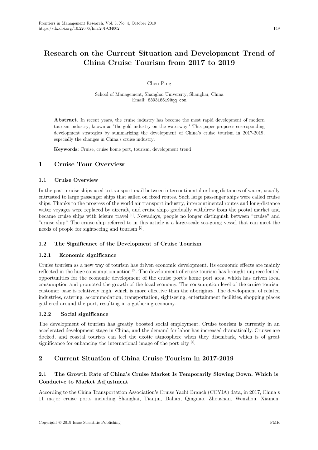 Research on the Current Situation and Development Trend of China Cruise Tourism from 2017 to 2019