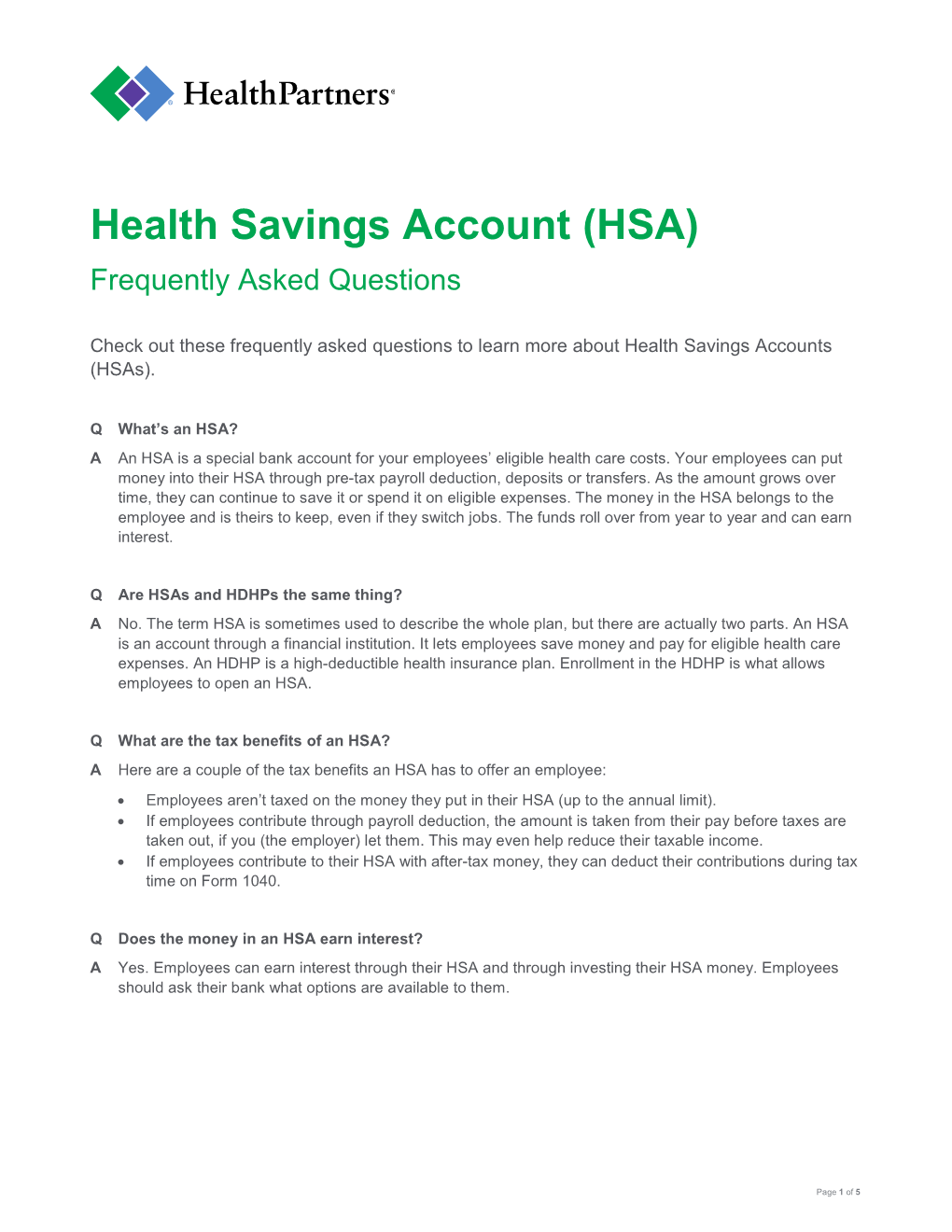 Health Savings Account (HSA) FAQ | Healthpartners