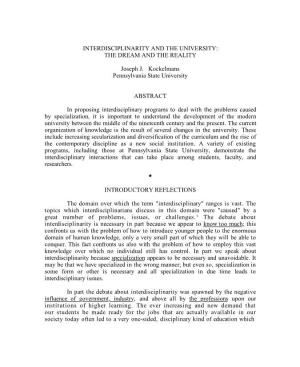 Interdisciplinarity and the University: the Dream and the Reality