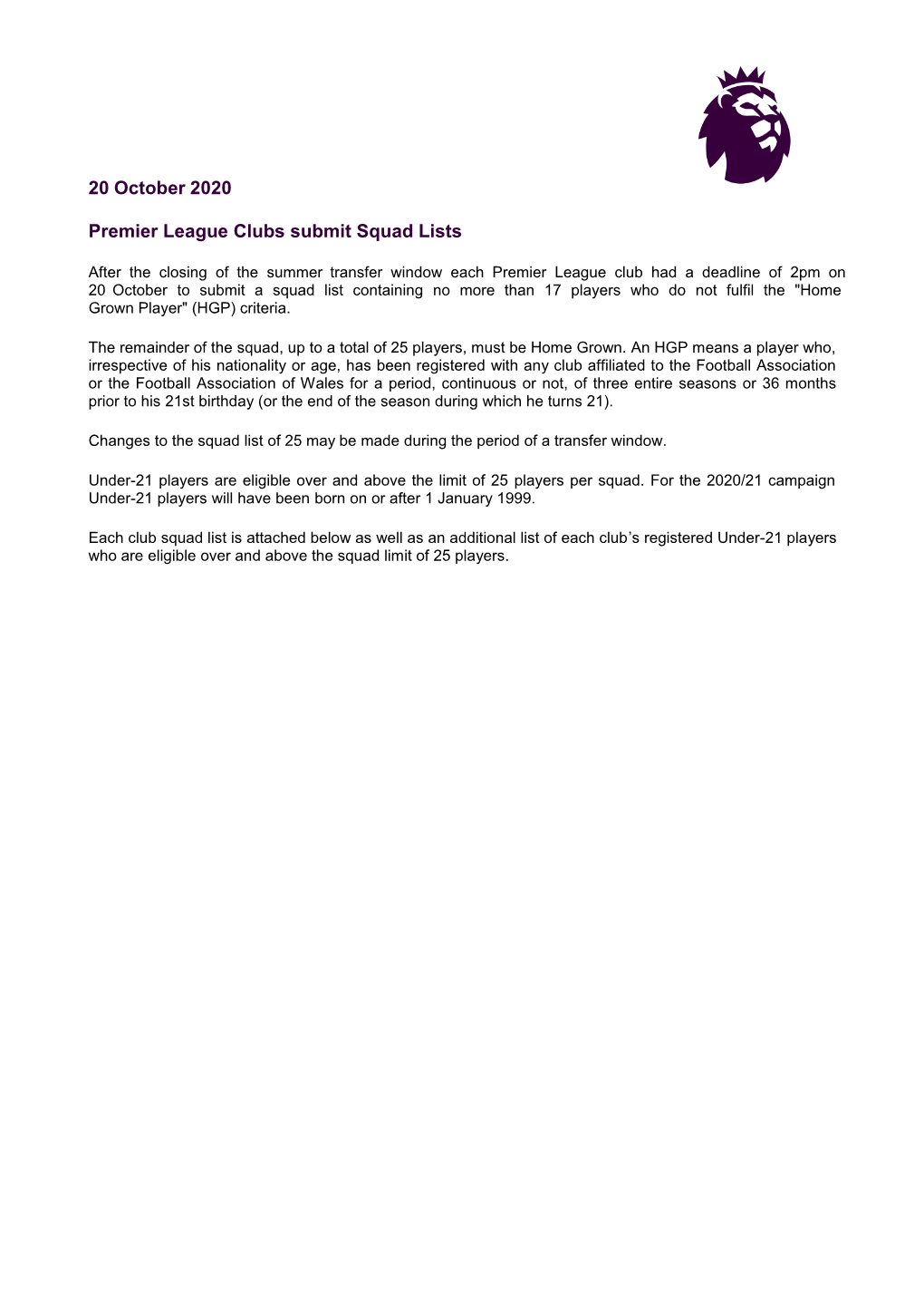 20 October 2020 Premier League Clubs Submit Squad Lists