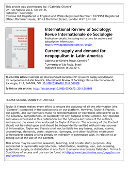 Current Supply and Demand for Neopopulism in Latin America Gabriela De Oliveira Piquet Carneiro a a University of São Paulo, Brasil Published Online: 26 Jul 2011