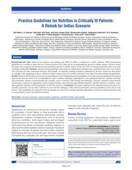 Practice Guidelines for Nutrition in Critically Ill Patients: a Relook for Indian Scenario