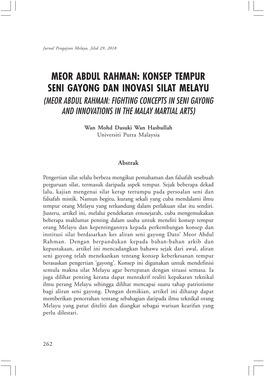 Meor Abdul Rahman: Konsep Tempur Seni Gayong Dan Inovasi Silat Melayu (Meor Abdul Rahman: Fighting Concepts in Seni Gayong and Innovations in the Malay Martial Arts)