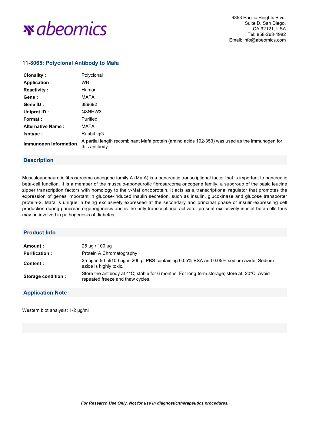 11-8065: Polyclonal Antibody to Mafa Description