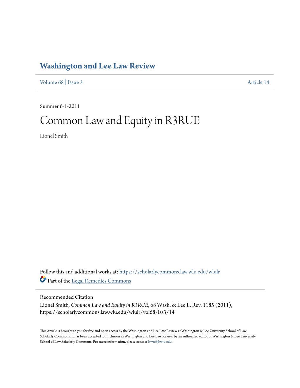 Common Law and Equity in R3RUE Lionel Smith