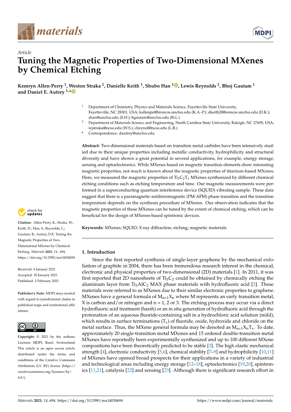 Tuning the Magnetic Properties of Two-Dimensional Mxenes by Chemical Etching