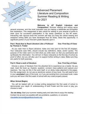 Advanced Placement Literature and Composition Summer Reading & Writing for 2021
