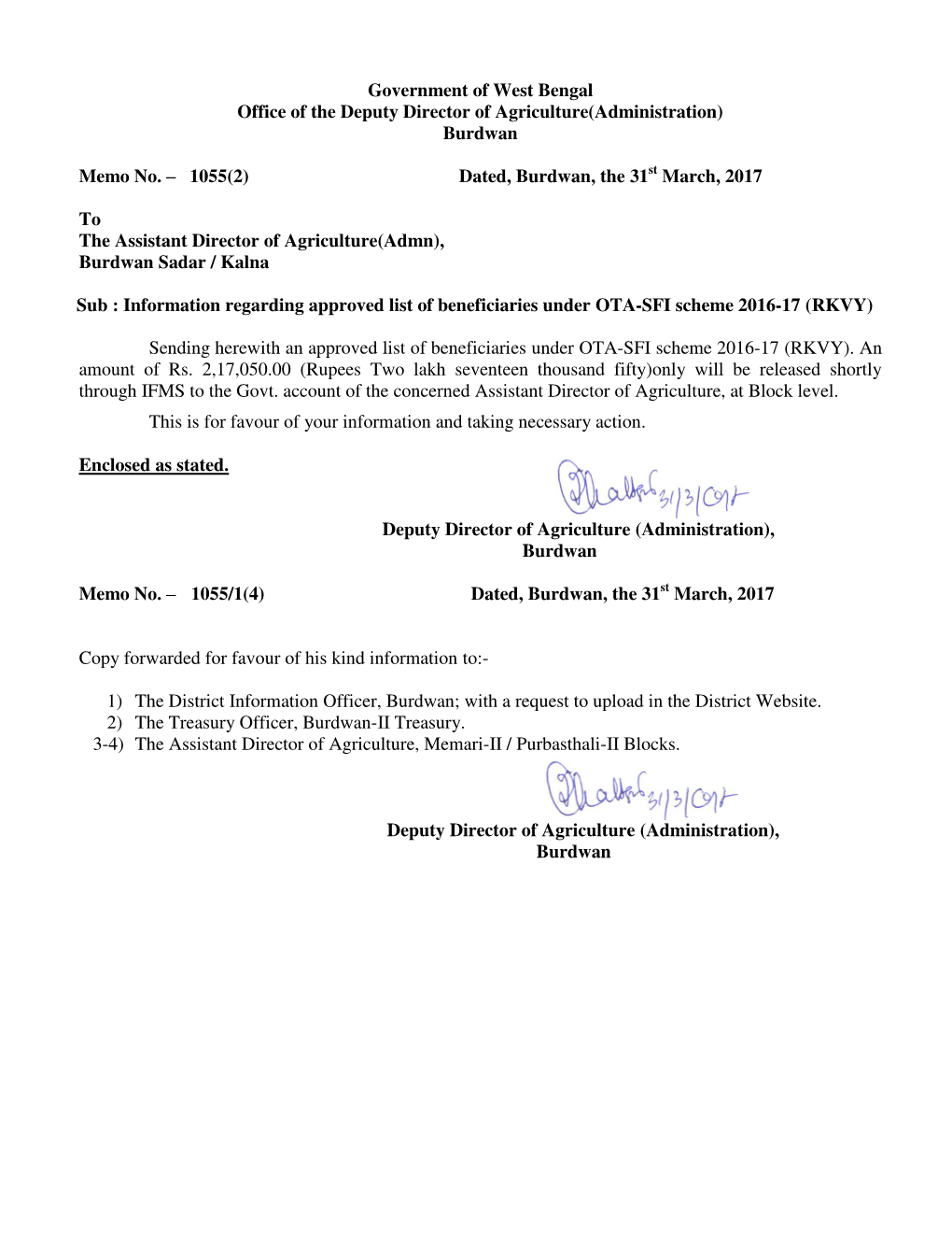 Government of West Bengal Office of the Deputy Director of Agriculture(Administration) Burdwan