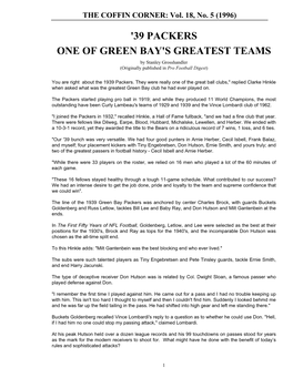 '39 PACKERS ONE of GREEN BAY's GREATEST TEAMS by Stanley Grosshandler (Originally Published in Pro Football Digest)