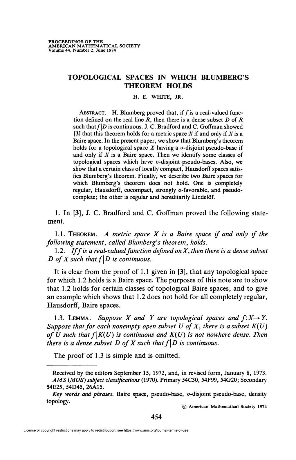 Topological Spaces in Which Blumberg's Theorem Holds H