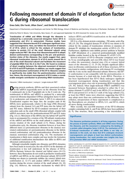 Following Movement of Domain IV of Elongation Factor G During Ribosomal Translocation